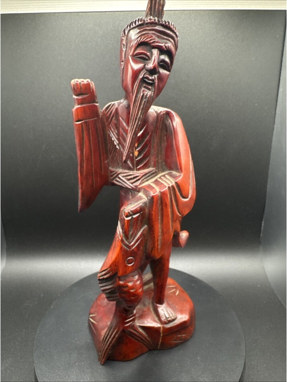 Vtg Fisherman Asian Hand Carved Red Wood Figurine Fish Chinese Statue 1970s 7.5”
